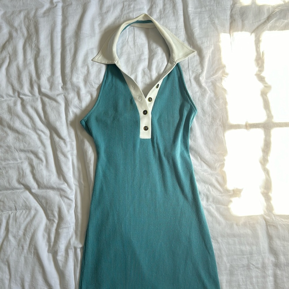 70s inspired blue white and green halter dress